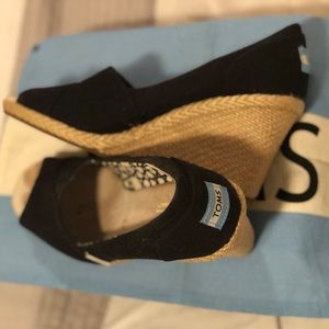 TOMS Black Canvas Peep Toe Wedge